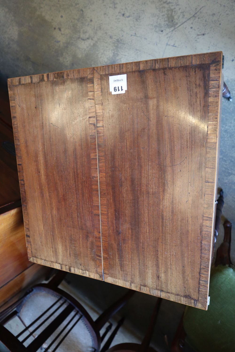 A Regency mahogany and rosewood banded patience table, on ring turned legs, width 83cm